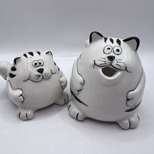 Pier 1 Fat Cat White And Black Striped Cat Salt Shaker And Creamer 3"